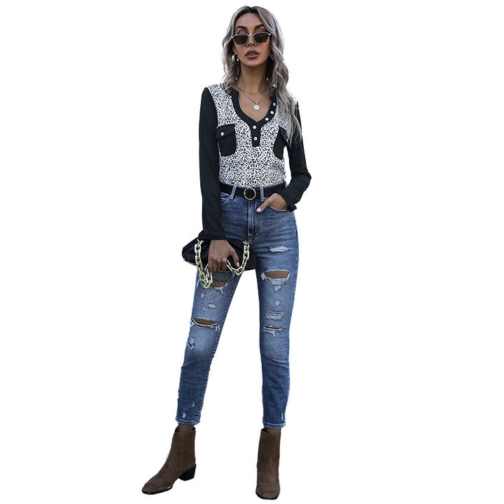Women's Long Sleeve Shirt in Animal Print with Contrasting Sleeves, Button Placket and Chest Pockets Mune Fashion