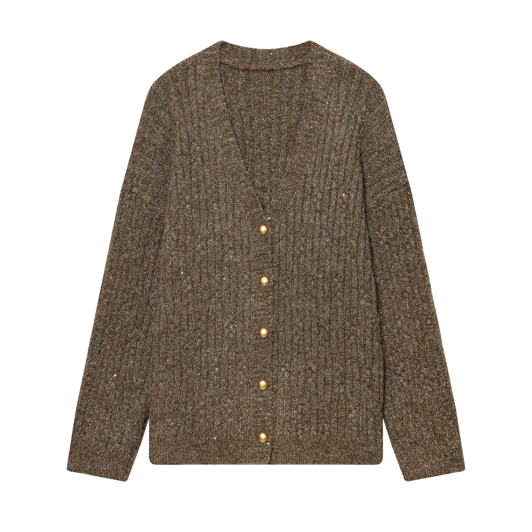 Women's Chunky Knit Cardigan with V-Neck and Golden Decorative Buttons Mune Fashion