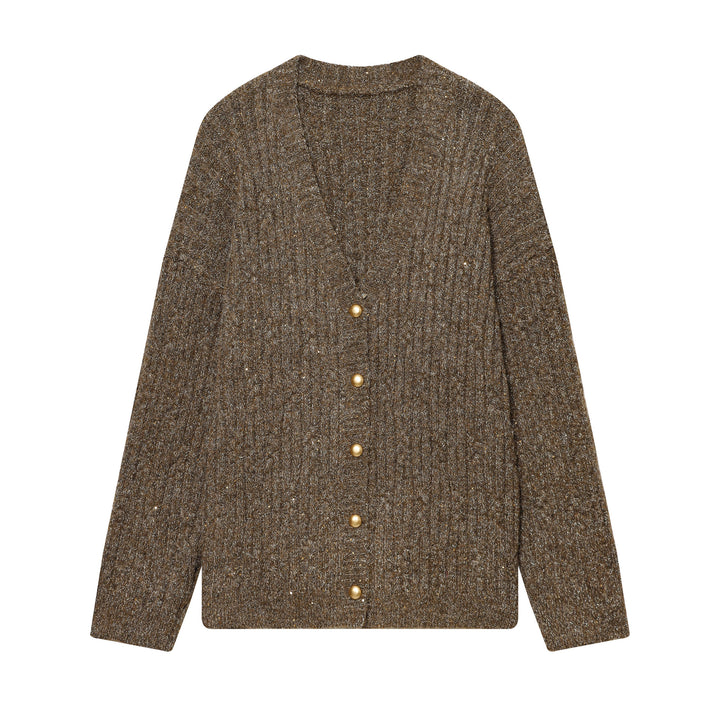 Women's Chunky Knit Cardigan with V-Neck and Golden Decorative Buttons Mune Fashion