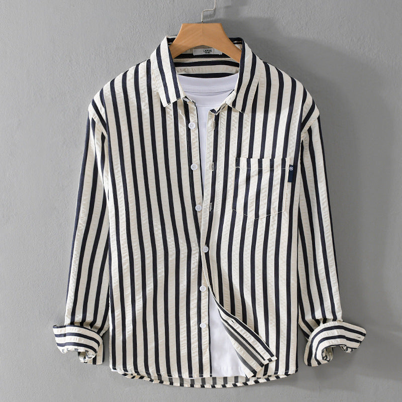 Men's Loose Shirt in Vertical Stripe Pattern made of Lightweight Cotton Blend with Kent Collar and Chest Pocket Mune Fashion