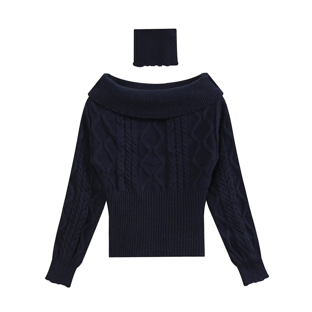 Women Off-Shoulder Cable Knit Sweater with Wide Folded Collar Drune