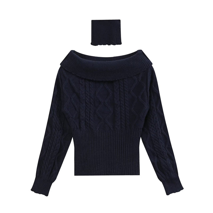 Women Off-Shoulder Cable Knit Sweater with Wide Folded Collar Drune