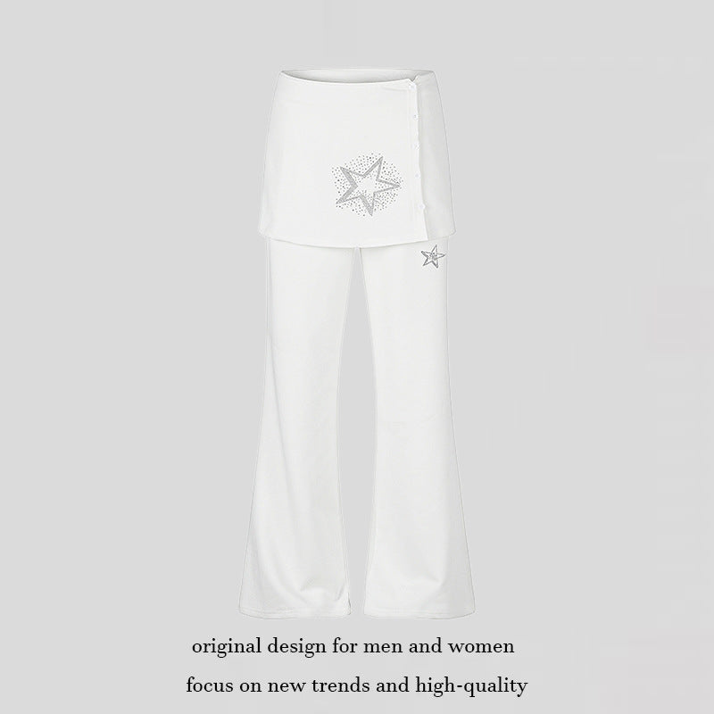 Women's loungewear pants with integrated mini skirt, wide leg, and star rhinestone application Mune Fashion