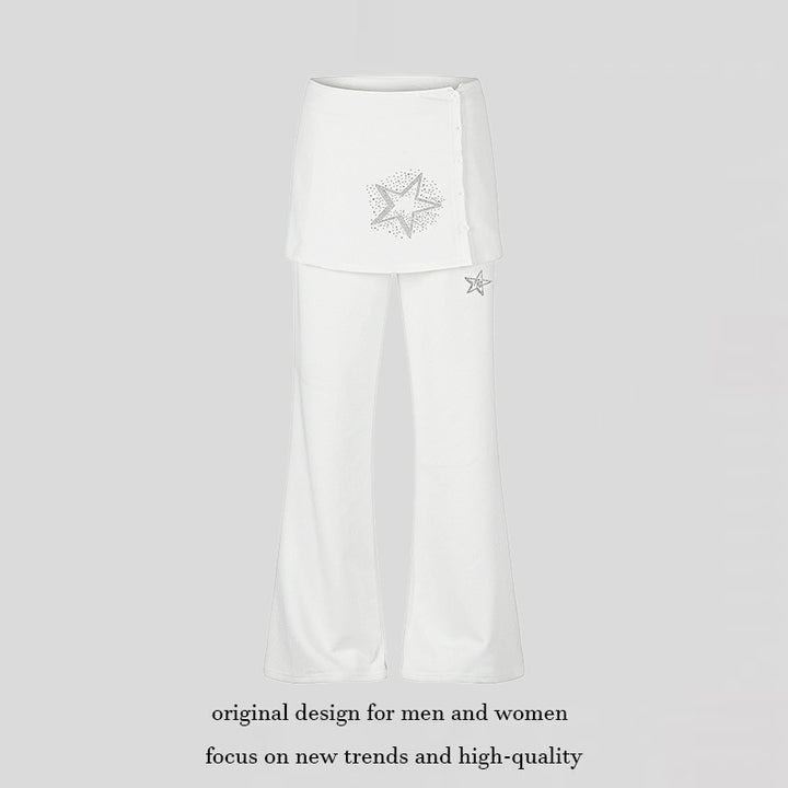 Women's loungewear pants with integrated mini skirt, wide leg, and star rhinestone application Mune Fashion