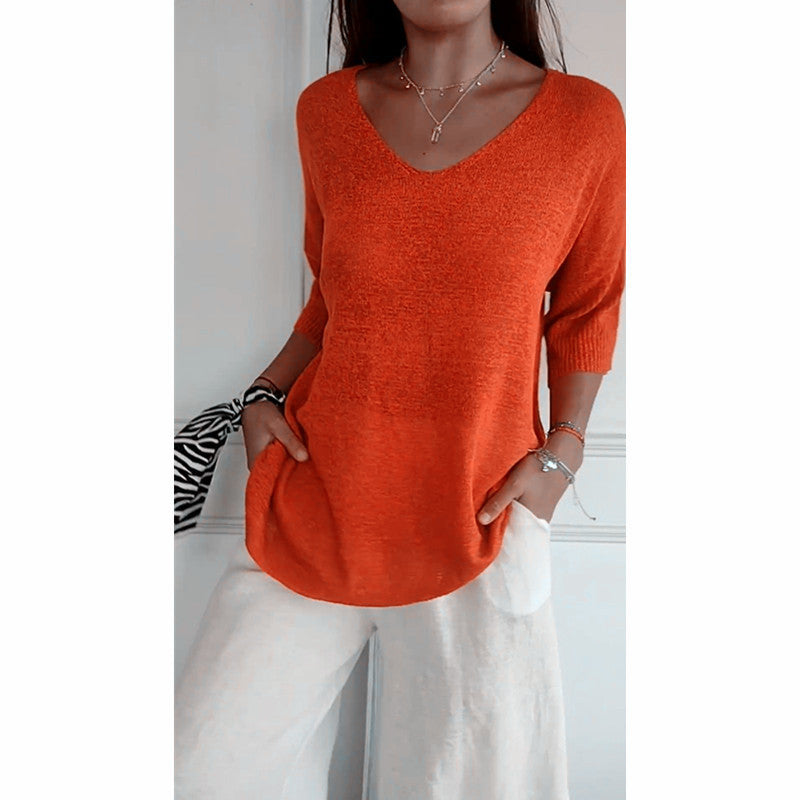 Women's relaxed fit V-neck fine knit pullover with three-quarter sleeves Mune Fashion