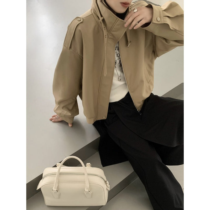 Women's Short Bomber Jacket in Trench Style with High Stand Collar and Shoulder Patches Mune Fashion