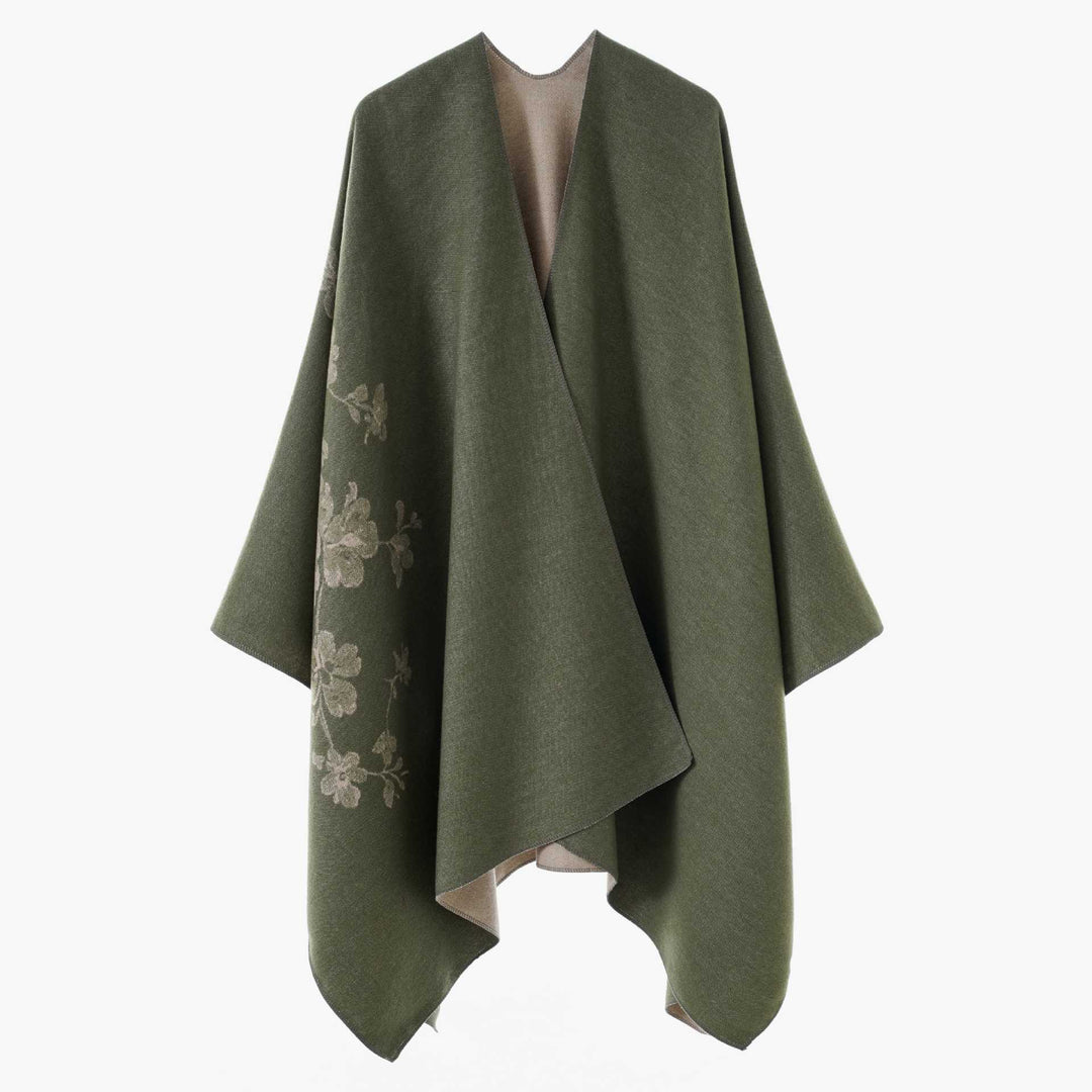 Ladies Open Reversible Wool Blend Cape with Floral Jacquard Pattern