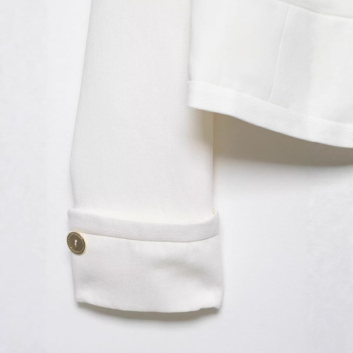 Women Cropped Double-breasted Blazer with High Stand Collar and Decorative Buttons Mune Fashion