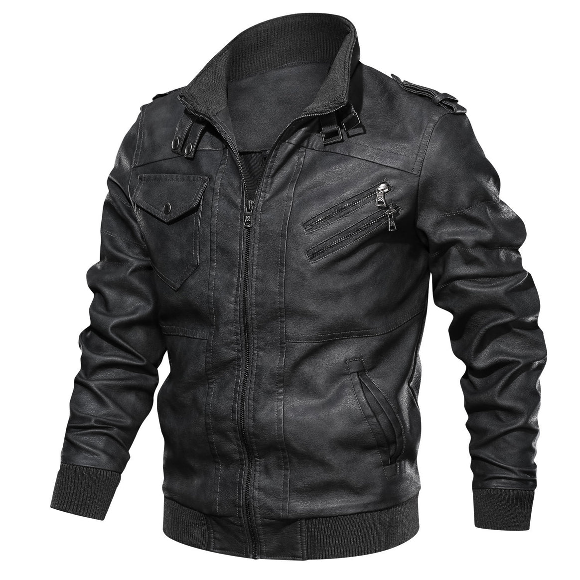 Men's Leather Bomber Jacket in Aviator Style with Stand Collar and Ribbed Cuffs Mune Fashion