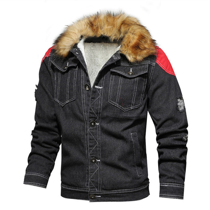 Men's Lined Denim Trucker Jacket with Teddy Lining and Faux Fur Hood Mune Fashion