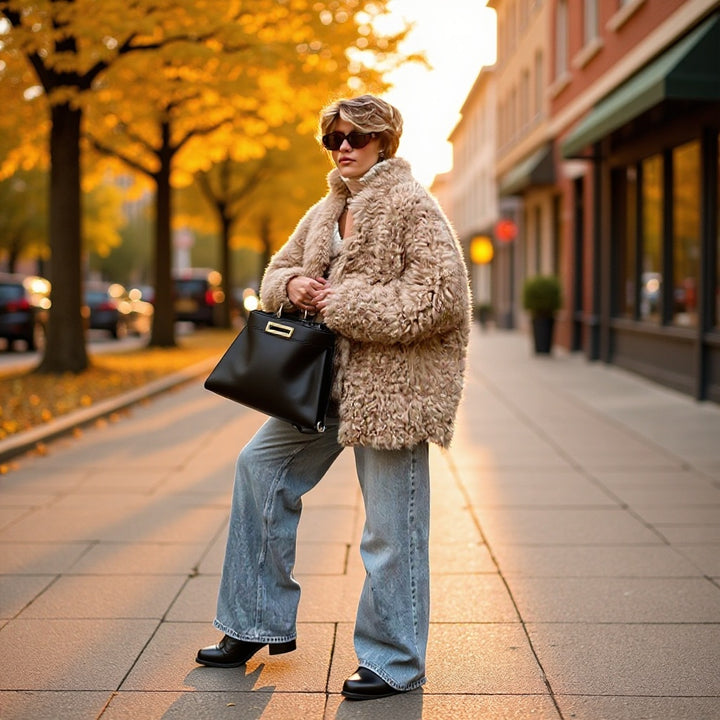 Women's Oversized Faux Fur Coat with High Collar and Teddy Texture Mune Fashion