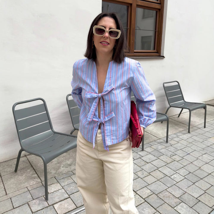 Women's Striped Tie Blouse with Bow Front, V-Neck & Balloon Sleeves Mune Fashion