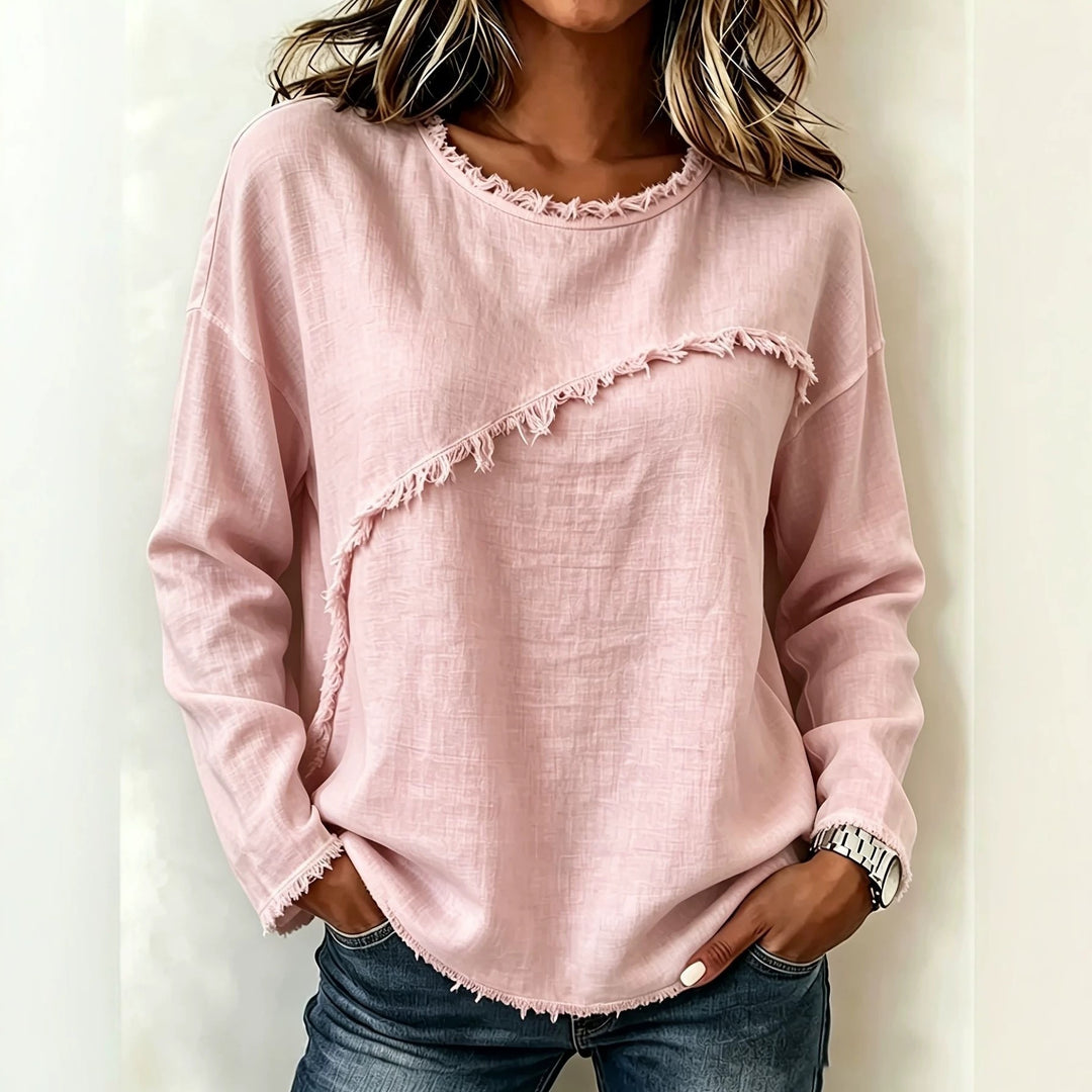 Women Casual Long Sleeve with Diagonal Fringe Application and Frayed Round Neck Mune Fashion