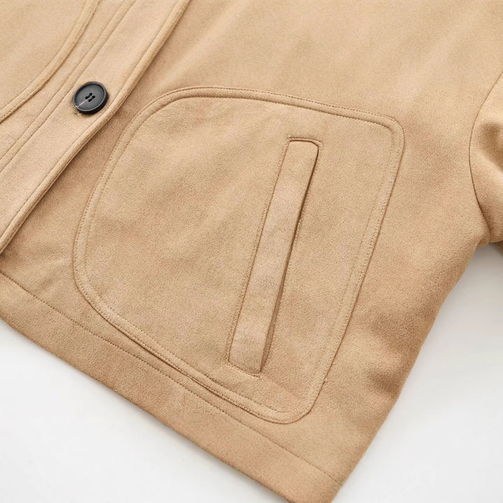 Women Cropped Boxy Transitional Jacket in Velvet Look with Shirt Collar and Patch Pockets Mune Fashion