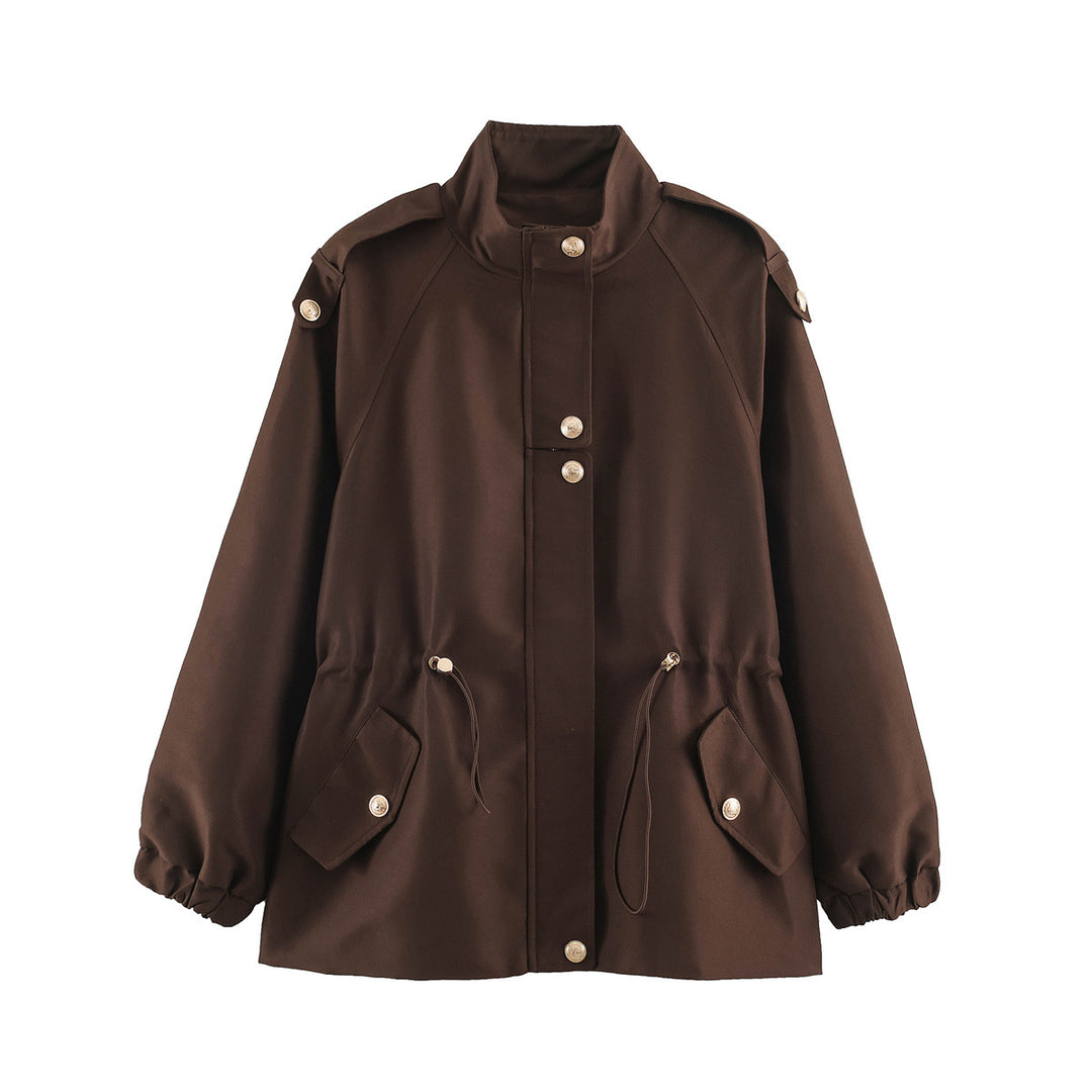 Women's short jacket in utility style with drawstring, raglan sleeves and metal button placket Mune Fashion