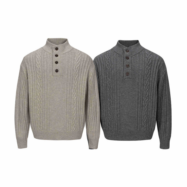 Men's Coarse Structured Knit Sweater with Stand-up Collar and Button Placket Mune Fashion