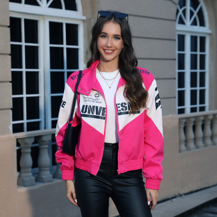 Women's Short-Cut Racing Bomber Jacket with Stand Collar and Logo Print Mune Fashion