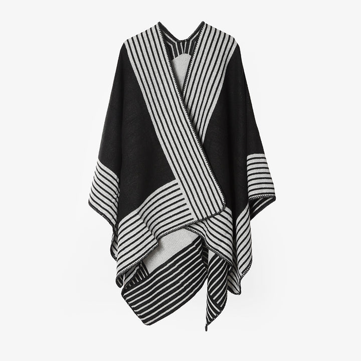 Women's knit poncho made of wool blend with striped jacquard and asymmetrical pointed hem Mune Fashion