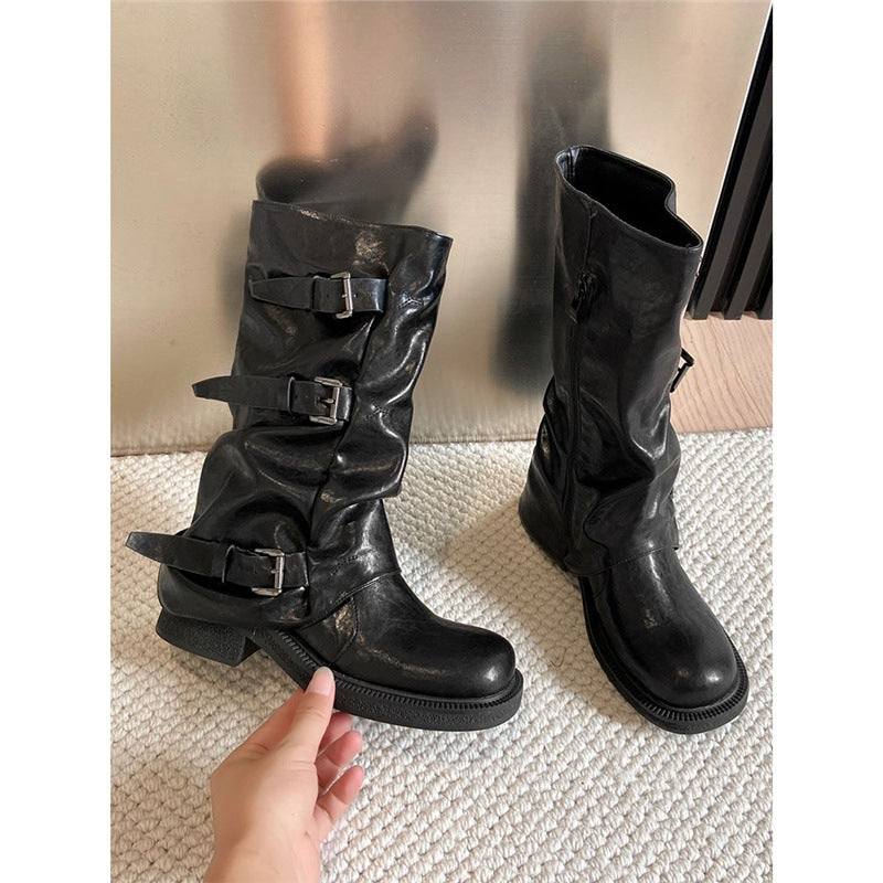 Damen Bikerstiefel mit mehrfachen Zierschnallen, gerafftem Schaft und robuster Profilsohle Mune Fashion