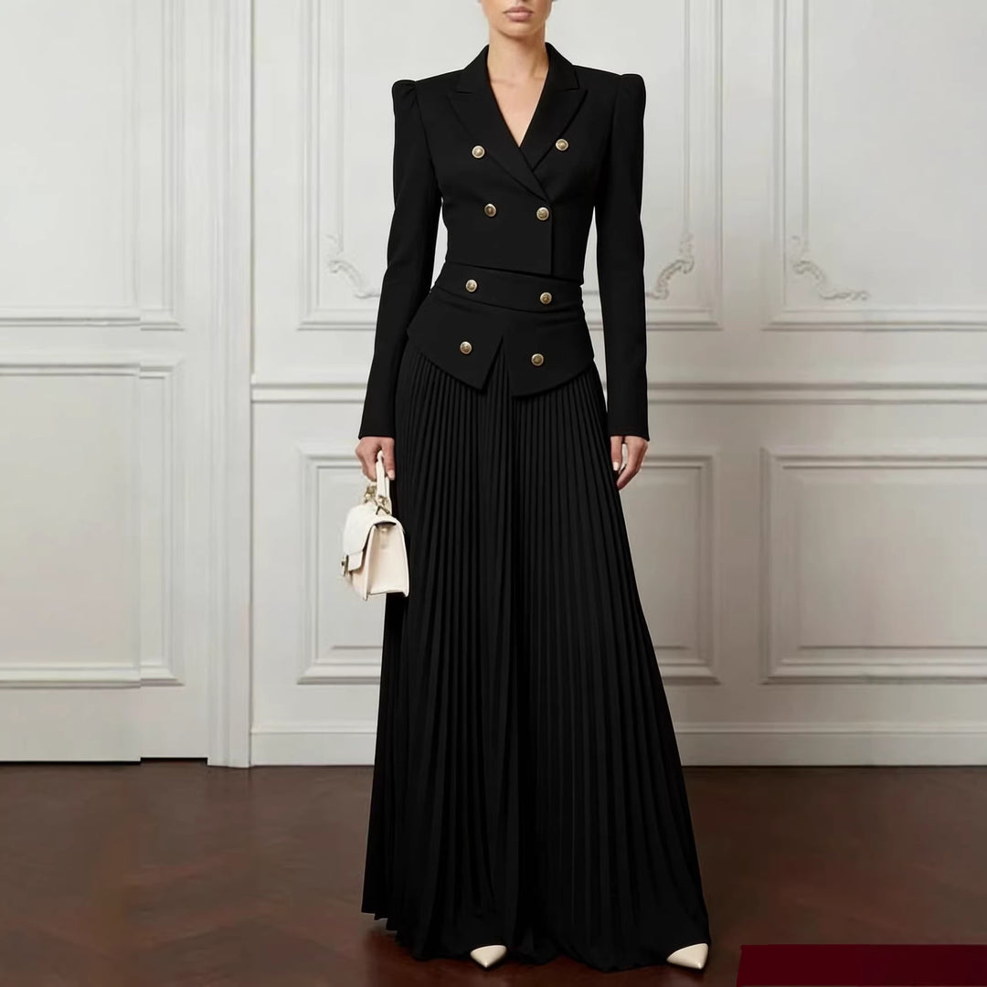 Women Two-Piece Fitted Suit with Double-Breasted Blazer and Pleated Maxi Skirt Mune Fashion
