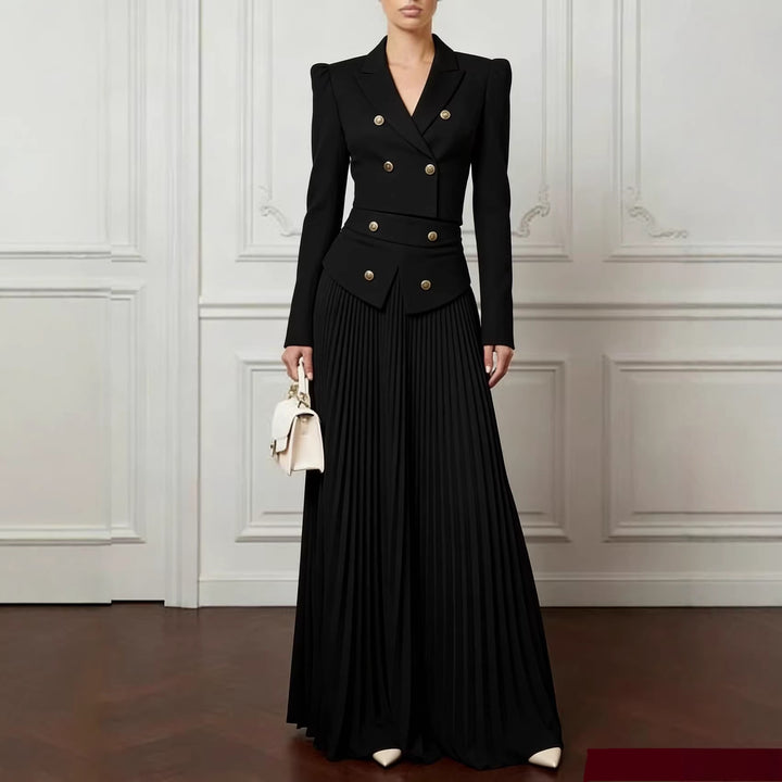 Women Two-Piece Fitted Suit with Double-Breasted Blazer and Pleated Maxi Skirt Mune Fashion