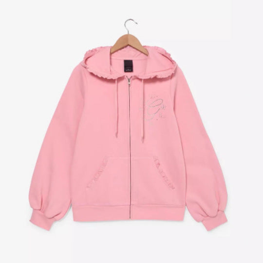 Women's Ruffled Hooded Sweat Jacket with Balloon Sleeves and Rhinestone Logo Mune Fashion