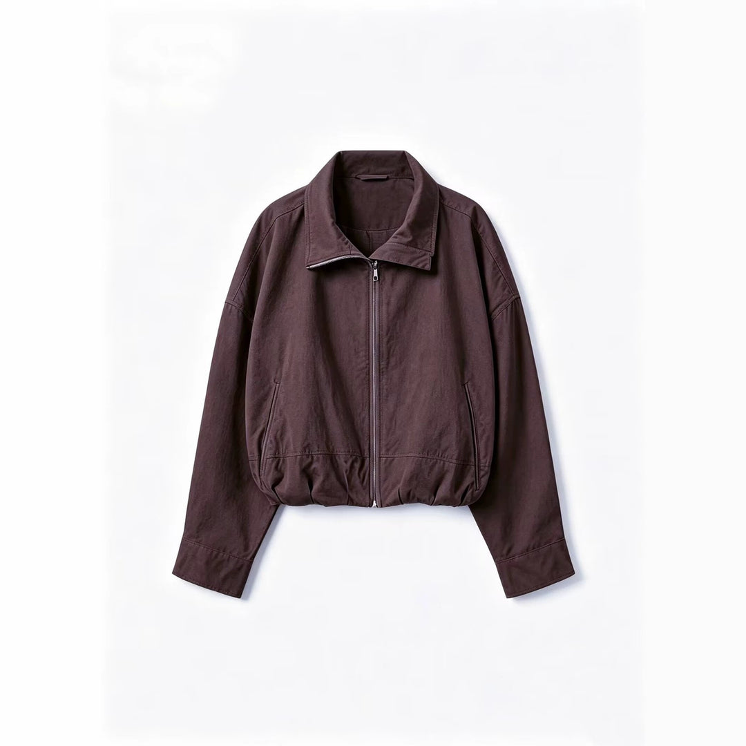 Women's Lightweight Short Bomber Jacket with Stand-up Collar, Drawstring Waist and Concealed Zipper Mune Fashion