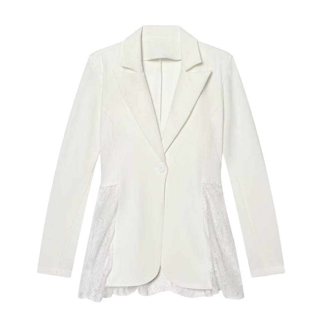 Women's Long Blazer with Inserted Lace Skirt and Tailored Cut Mune Fashion