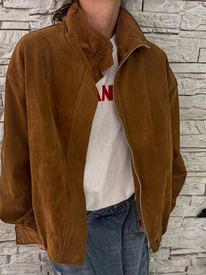 Women's Oversize Suede Blouson with High Standing Collar and Metal Zipper Mune Fashion