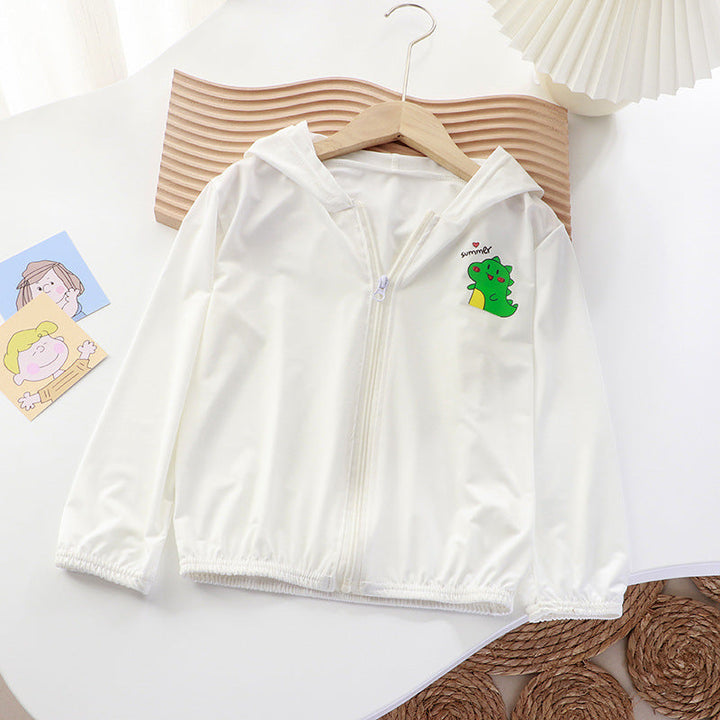 Unisex nan lightweight children's softshell jacket with hood, zipper and cute dino print Mune Fashion