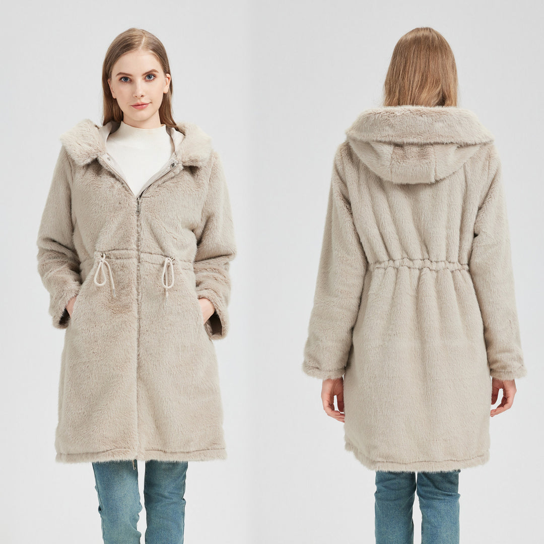 Women's tailored long thermal parka with faux fur trim on hood and sleeves as well as drawstring waist Mune Fashion