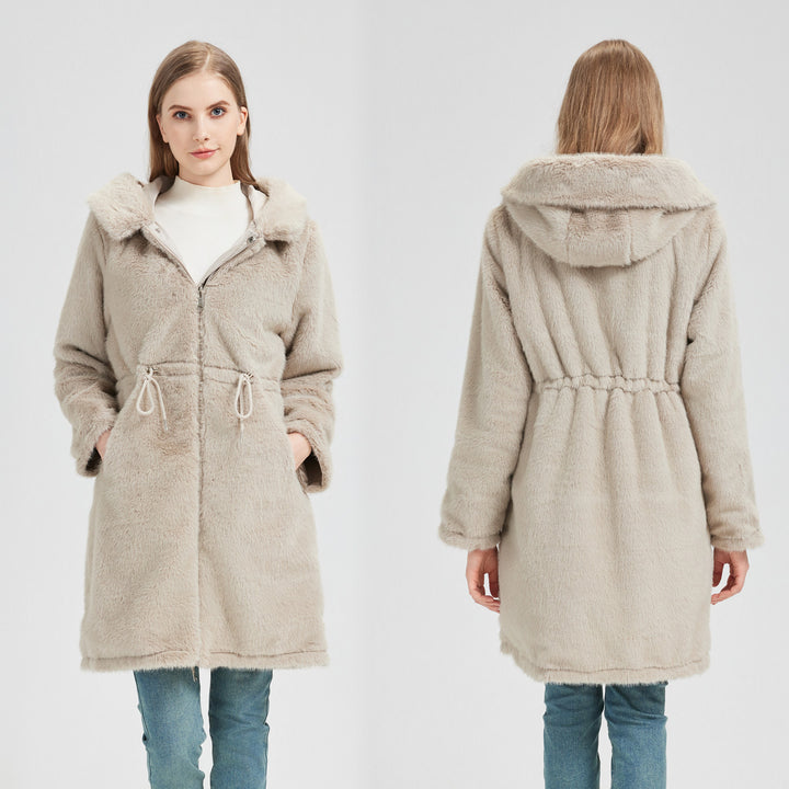 Women's tailored long thermal parka with faux fur trim on hood and sleeves as well as drawstring waist Mune Fashion