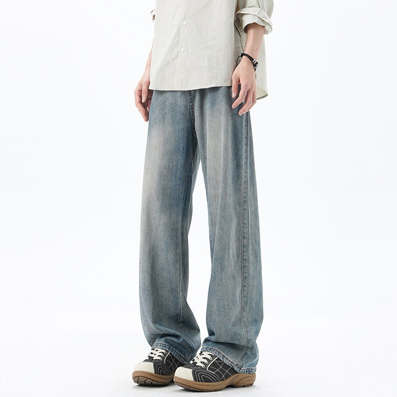 Men's Loose Denim Jeans with Vintage Wash and Drop Crotch Mune Fashion