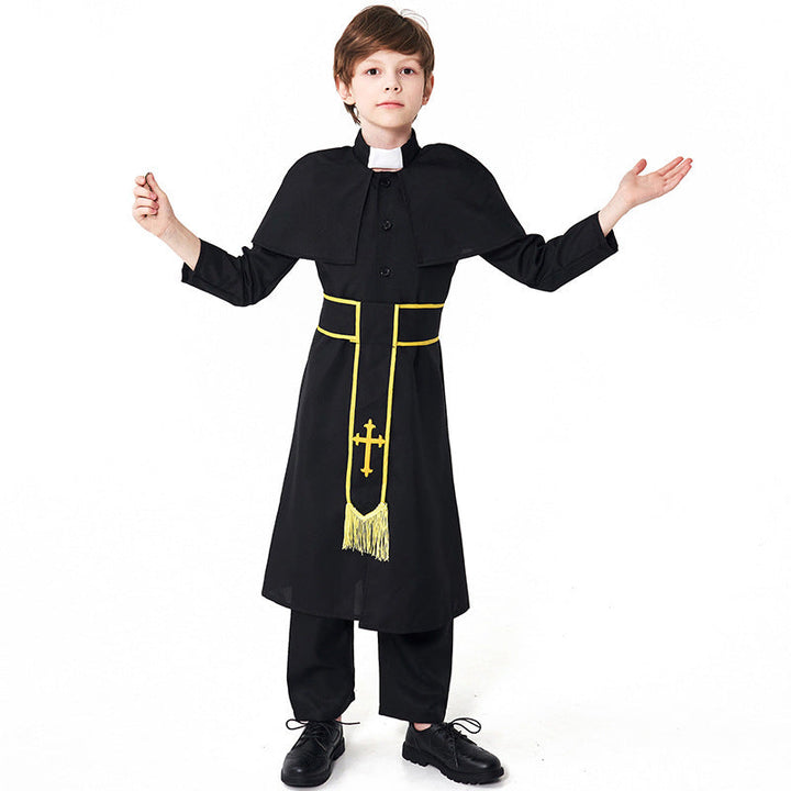 Men's Priest Costume with Cape and Golden Accessories Mune Fashion