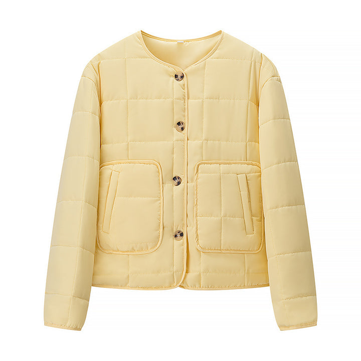 Women Lightweight Quilted Short Jacket with Crew Neck and Patch Pockets Mune Fashion