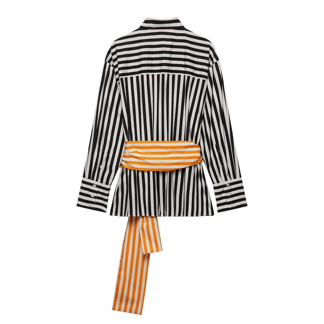 Ladies' shirt dress with vertical stripes and a prominent bow belt Drune