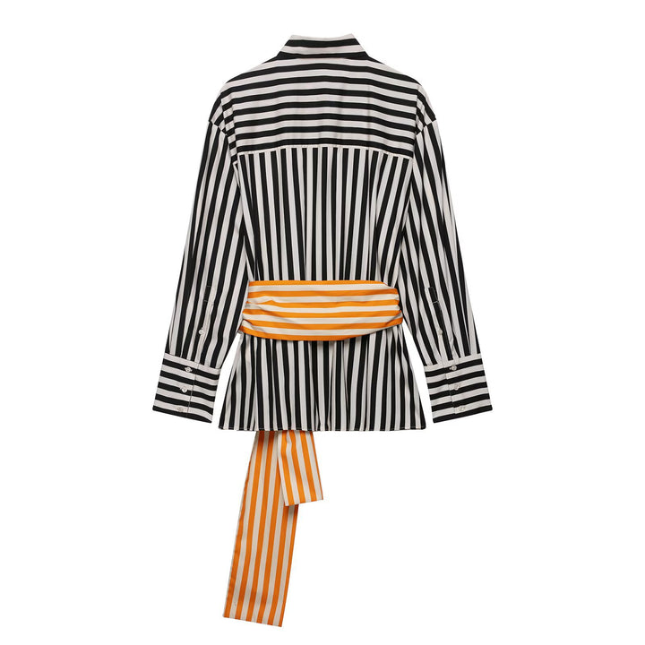 Ladies' shirt dress with vertical stripes and a prominent bow belt Drune