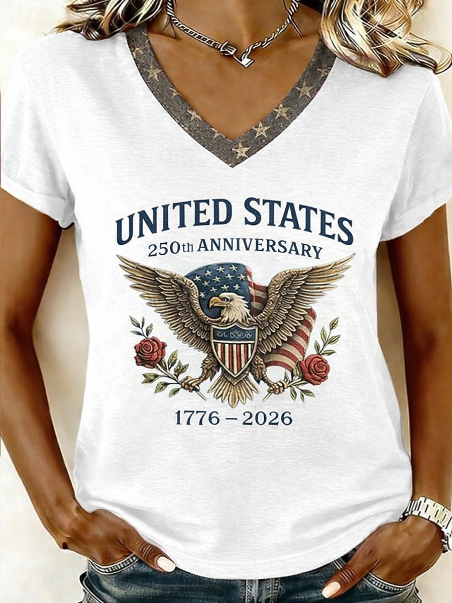 Women’s V-neck Retro Print T-shirt with Eagle Emblem and vintage-inspired Graphic Mune Fashion