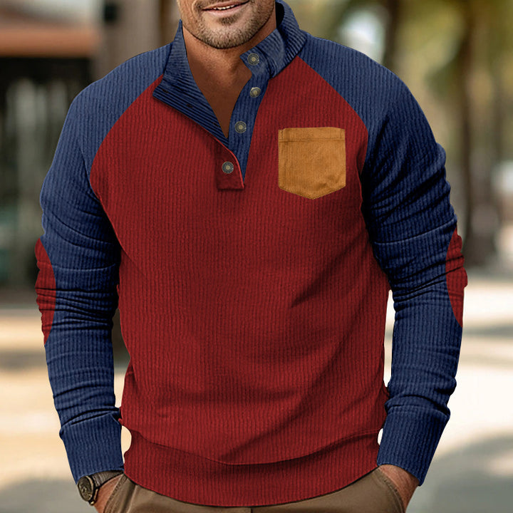Men's Ribbed Henley Sweater with Raglan Sleeves, Elbow Patches & Chest Pocket Mune Fashion