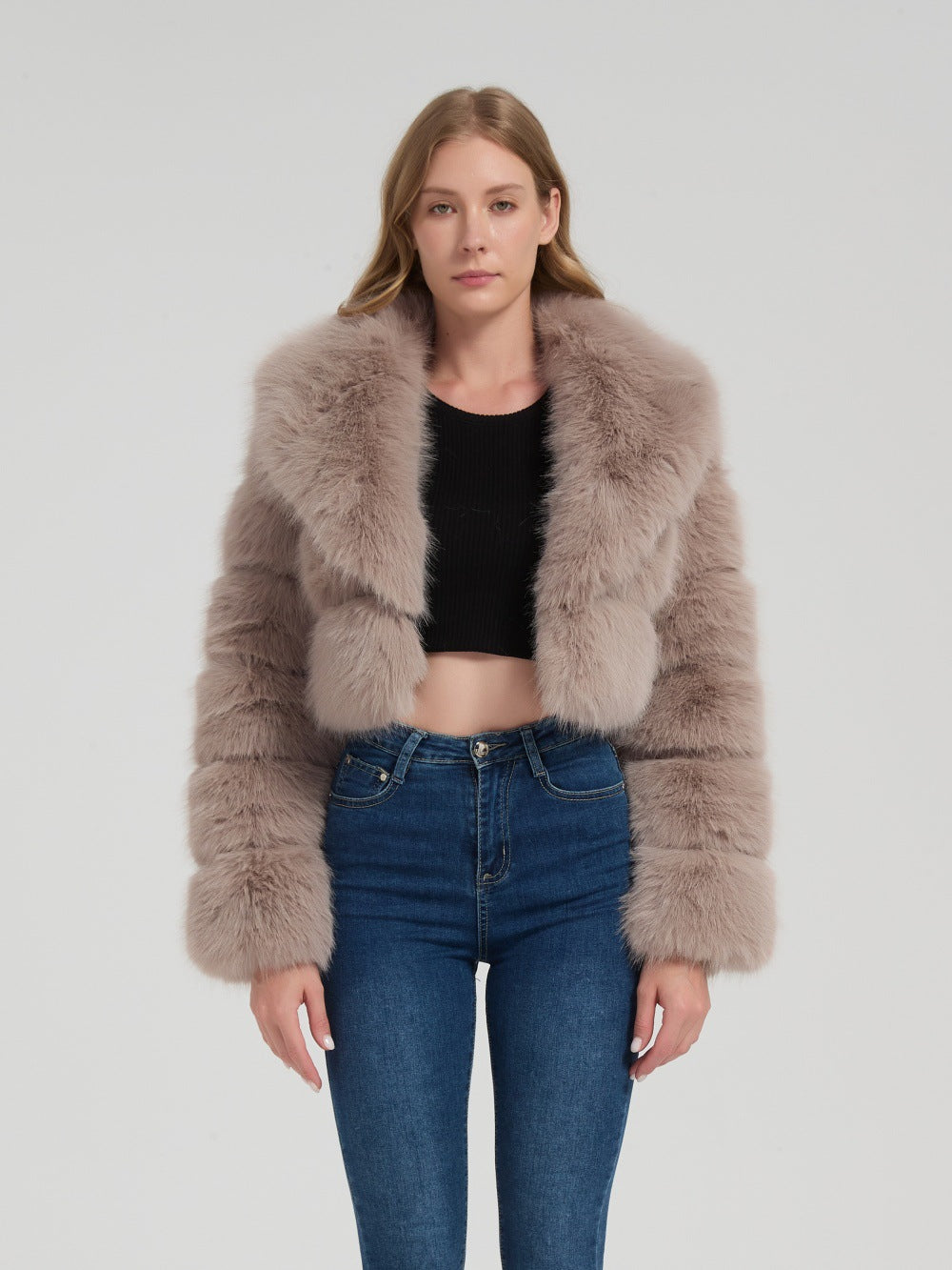 Ladies short-cut faux fur bolero jacket with voluminous shawl collar Mune Fashion