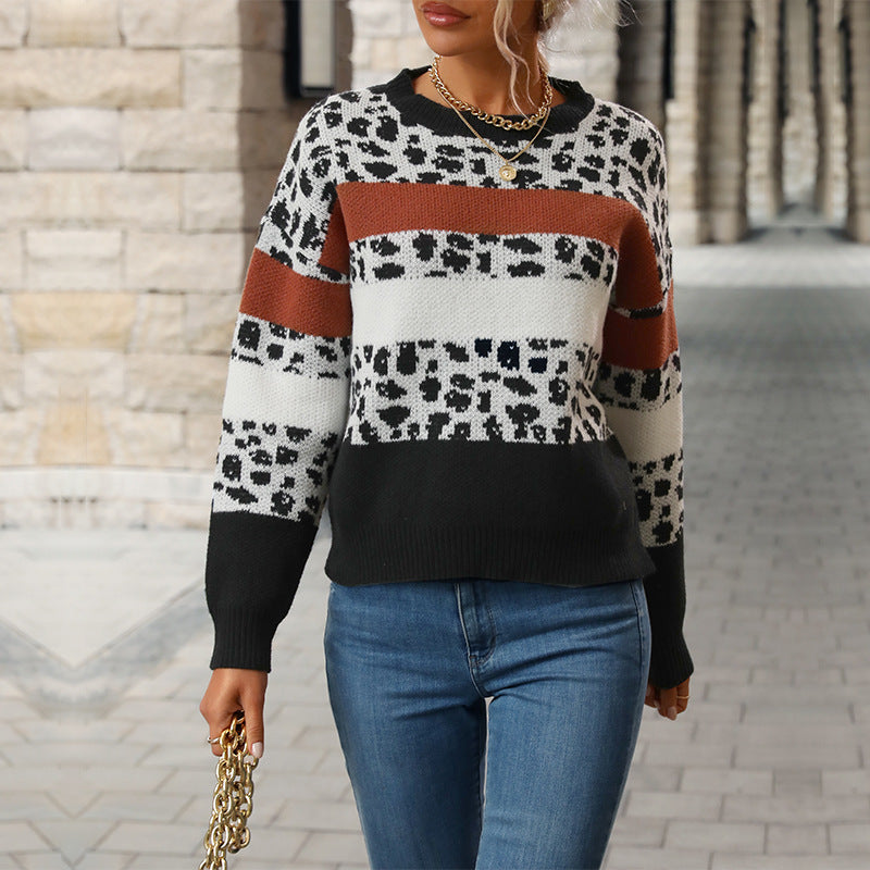 Women's fine knit pullover with animal print block stripes and ribbed hem Mune Fashion