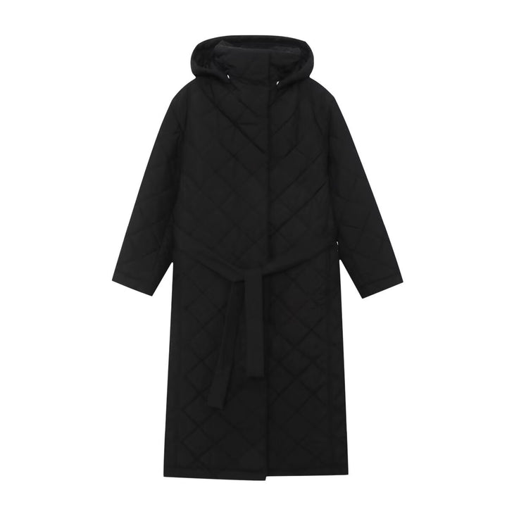 Ladies quilted coat with hood, belt and diamond quilting Mune Fashion