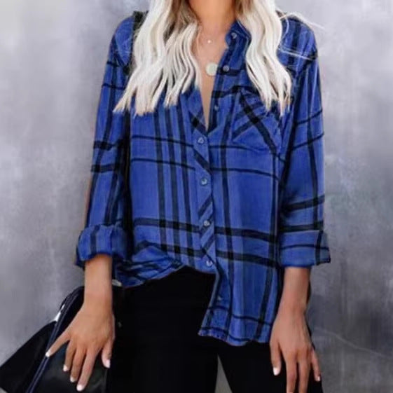Women Oversize Shirt Blouse with Check Pattern, Chest Pocket and Roll-Up Sleeves Mune Fashion