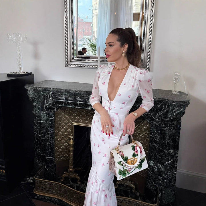 Women's Floral Satin Midi Dress with Deep V-Neck, Puff Sleeves, and Tailored Gathering Mune Fashion