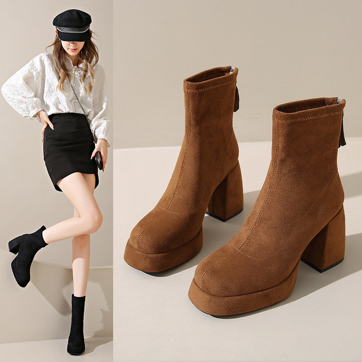 Women's platform ankle boots made of suede with a high block heel