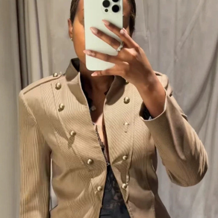 Ladies short blazer in military style with double-breasted decorative buttons Mune Fashion