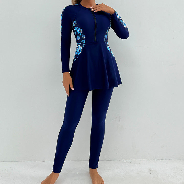 Women's Sporty Long Sleeve Swimming Suit with Flattering Skirt Mune Fashion