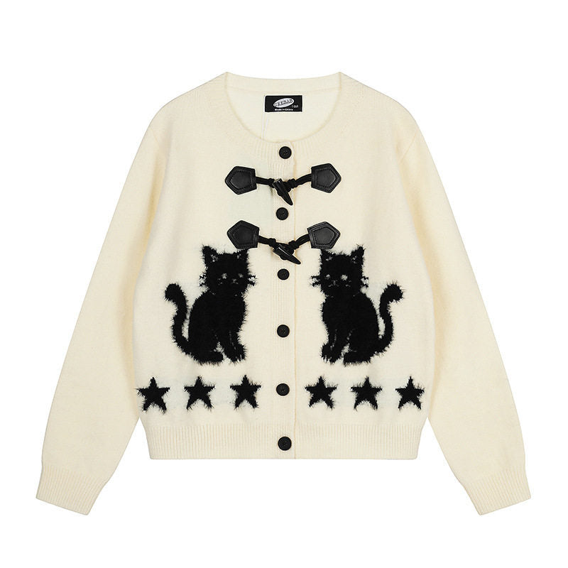 Women's cardigan with cat jacquard, decorative toggle closure and star trim Mune Fashion