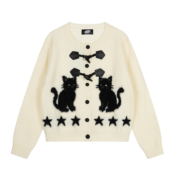 Women's cardigan with cat jacquard, decorative toggle closure and star trim Mune Fashion