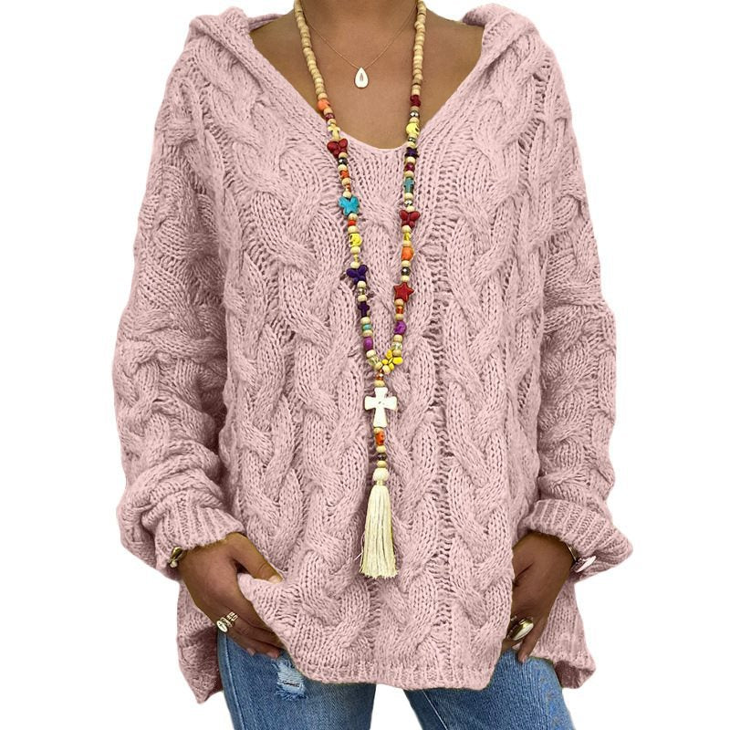 Women Oversized Cable Knit Sweater with Hood and Casual V-Neck Mune Fashion
